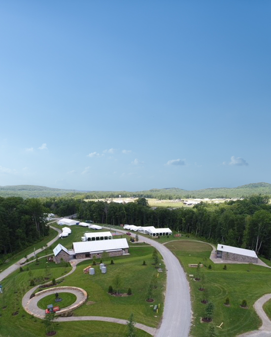 hunter's hall on the left and skills center on the right aerial view of sportsman complex bsa sportsman in west virginia